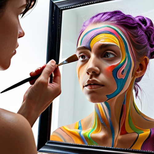 Home 11 **Image Prompt:** A person gazing into a mirror, their reflection morphing into an artist holding a paintbrush, surrounded by swirling colors representing creativity and self-discovery.