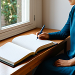 A serene individual fully clothed in comfortable, modest attire, sitting quietly in a peaceful, minimalist study. Soft, natural light streams through a window, illuminating a journal and a pen on an uncluttered wooden desk. The person's posture suggests deep introspection and a calm, contemplative state. Professional photography, high detail, perfect anatomy, correct proportions, natural pose, well-formed hands, proper finger count, natural body proportions, safe for work, appropriate content, fully clothed, modest, family-friendly.