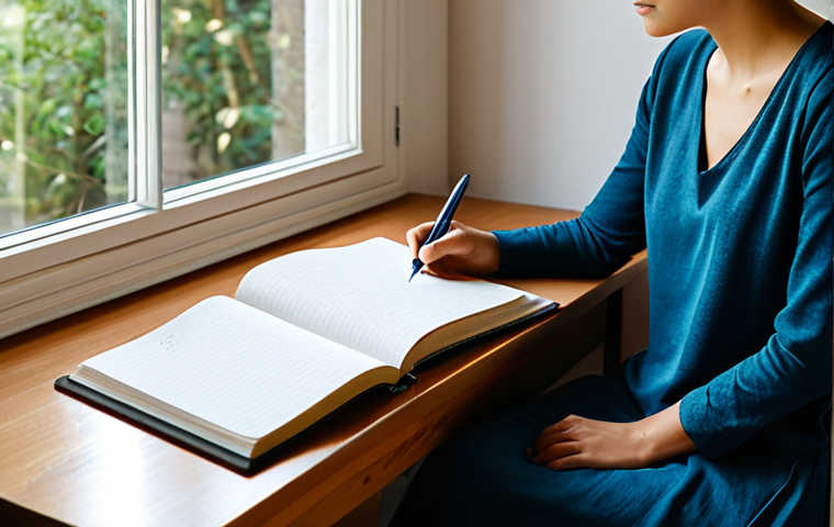A serene individual fully clothed in comfortable, modest attire, sitting quietly in a peaceful, minimalist study. Soft, natural light streams through a window, illuminating a journal and a pen on an uncluttered wooden desk. The person's posture suggests deep introspection and a calm, contemplative state. Professional photography, high detail, perfect anatomy, correct proportions, natural pose, well-formed hands, proper finger count, natural body proportions, safe for work, appropriate content, fully clothed, modest, family-friendly.